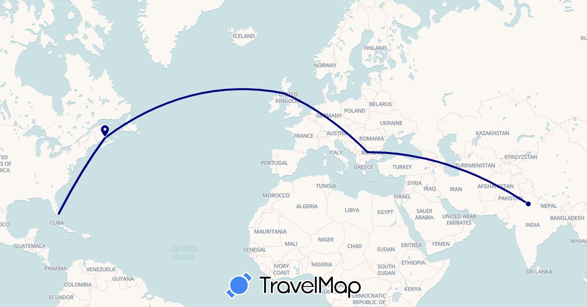 TravelMap itinerary: driving in Bulgaria, Canada, United Kingdom, India, United States (Asia, Europe, North America)